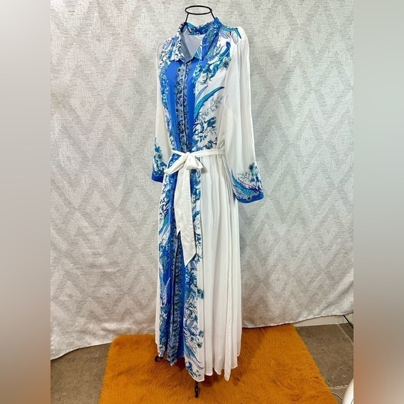 Reba white maxi dress with blue floral print size L - Picture 9 of 12